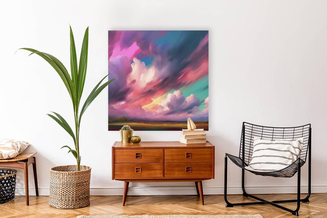 Dramatic clouds framed print with colorful sky clouds and glowing horizon