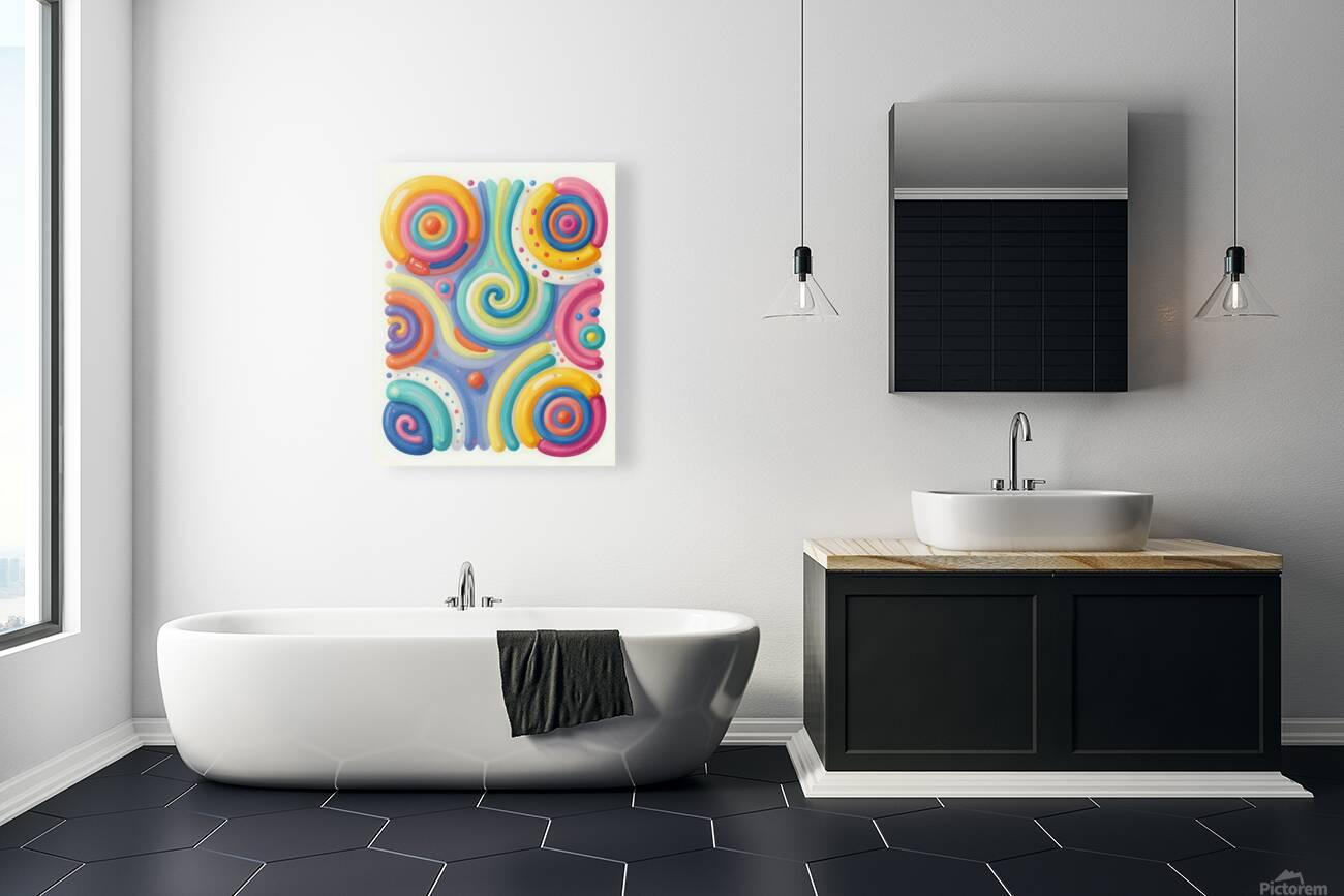 Small framed abstract swirl wall art with blue, pink, yellow spiral circles