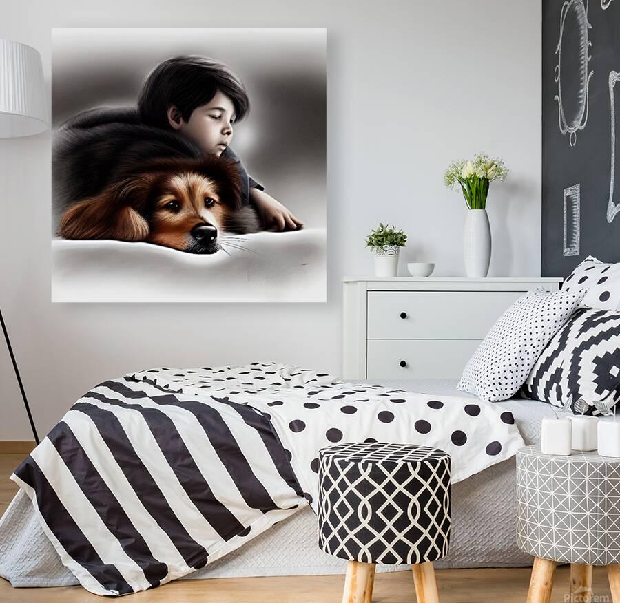 Canvas print of a child resting on a brown-and-black dog, soft gray background