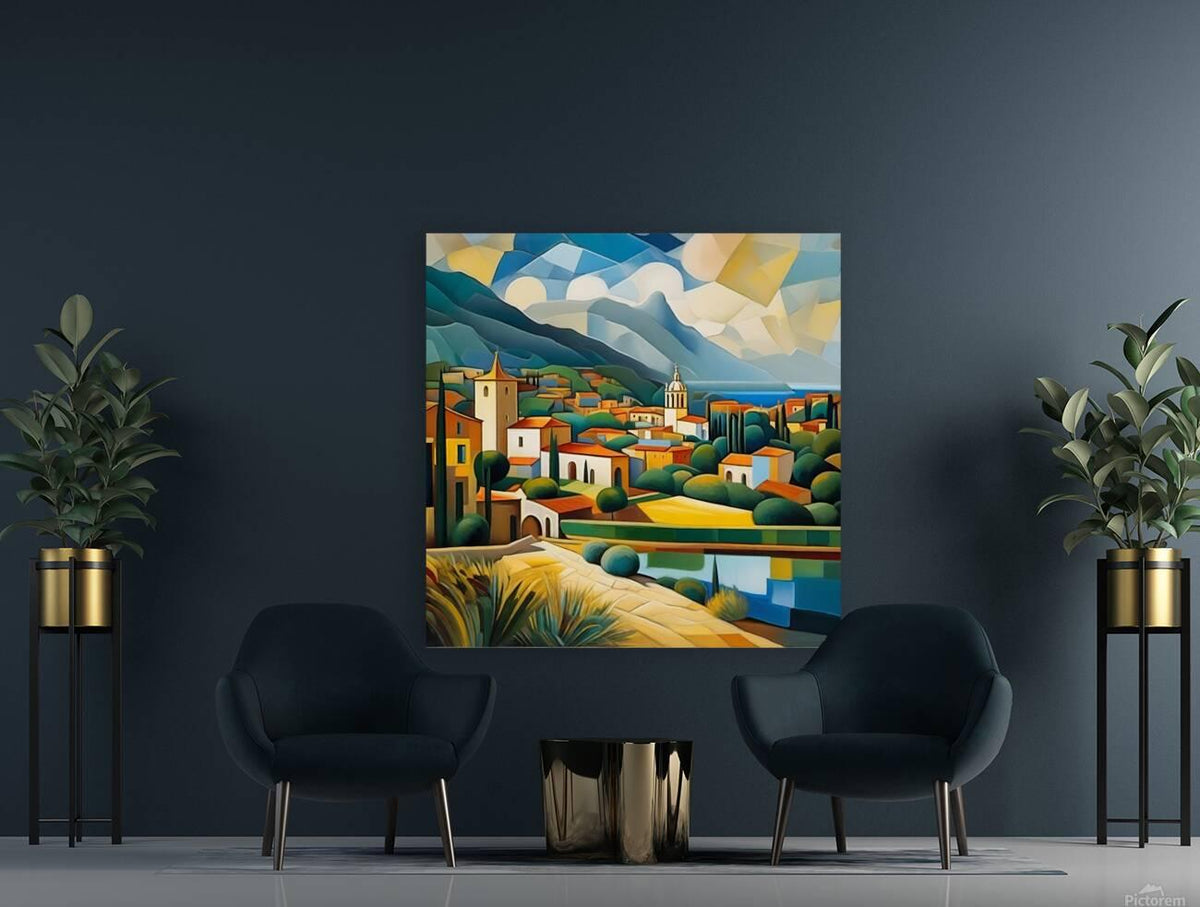 Geometric cubist Mediterranean landscape wall art print with town, hills, and water reflection