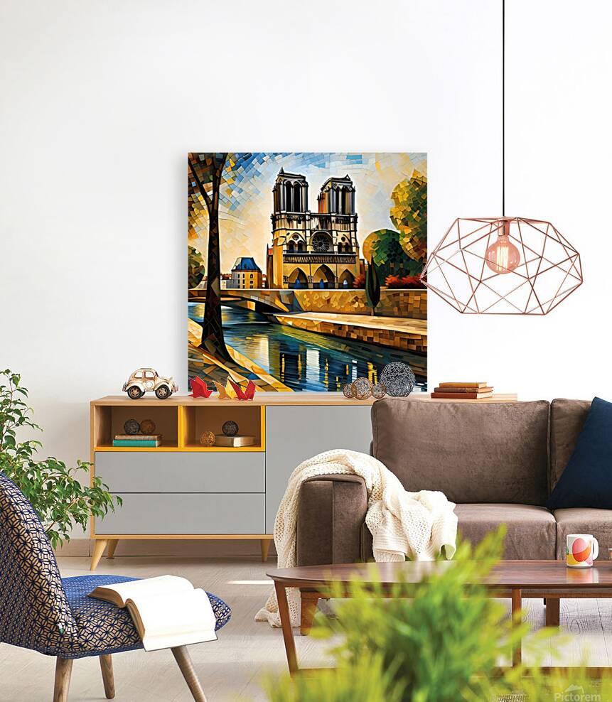 Gothic cathedral mosaic wall art print above sofa, with river and two towers