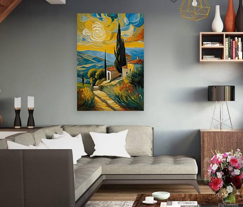 Colorful landscape artwork on wall with winding path, tall cypress spire, and house buildings