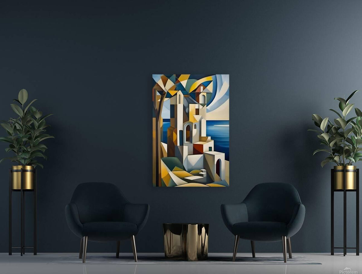 Cubist architectural wall art print with white towers and colorful geometric blocks over blue sea