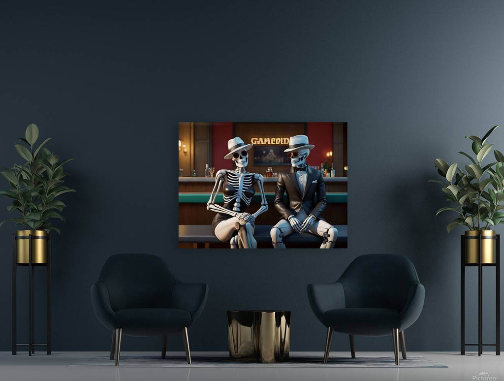 Skeleton duo wall art displayed on a wall: two seated skull figures in hats, in a bar scene.