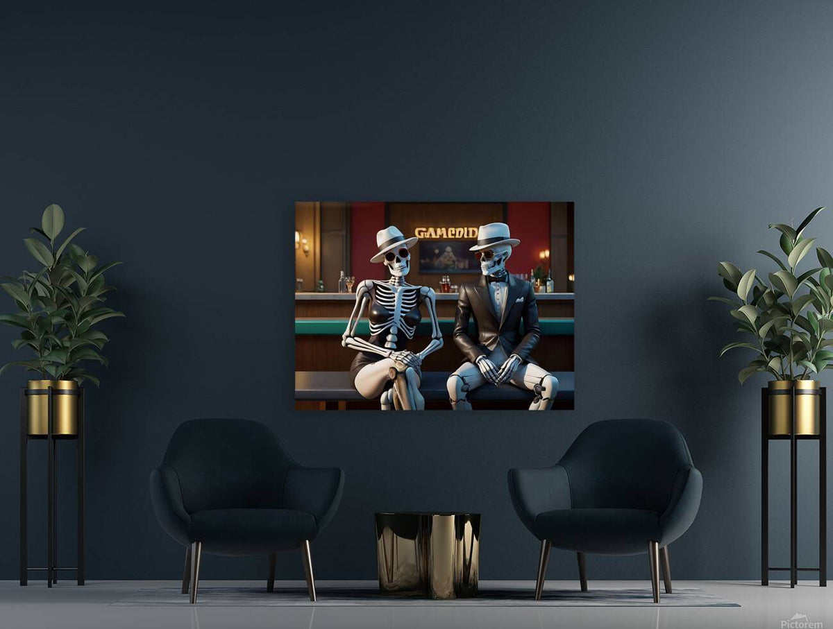 Skeleton duo wall art displayed on a wall: two seated skull figures in hats, in a bar scene.