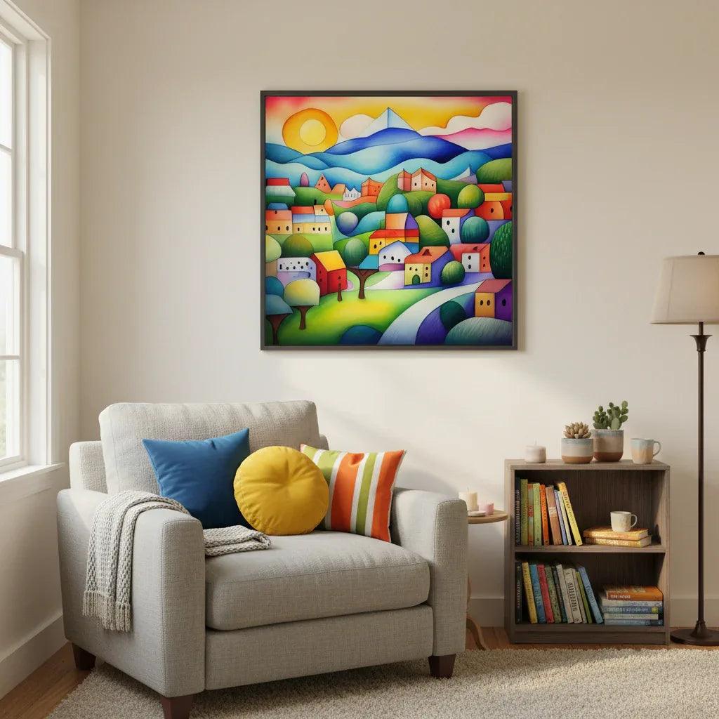 Framed geometric landscape wall art with colorful houses, hills, and mountains in blue, green, and orange