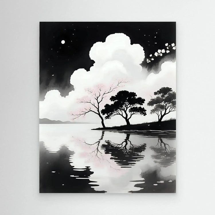 Framed wall art print of a moonlit lake with silhouetted trees and cherry blossoms
