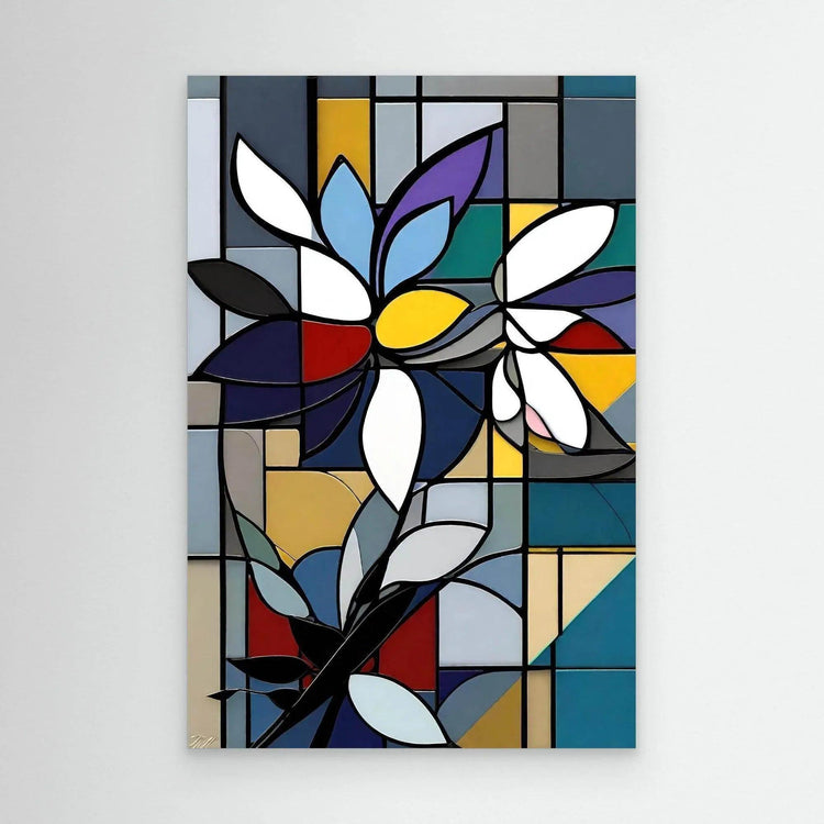 Stained glass flower wall art with geometric grid petals in blue, yellow, purple, and white
