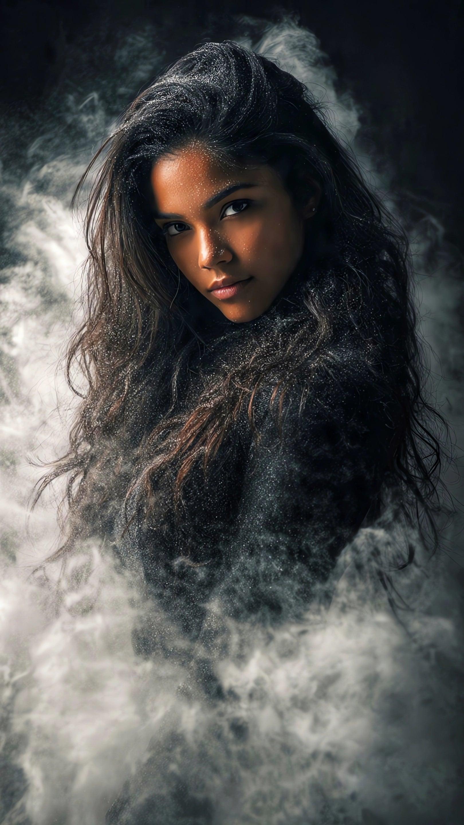 Digital illustration of a woman with long dark hair surrounded by smoky mist