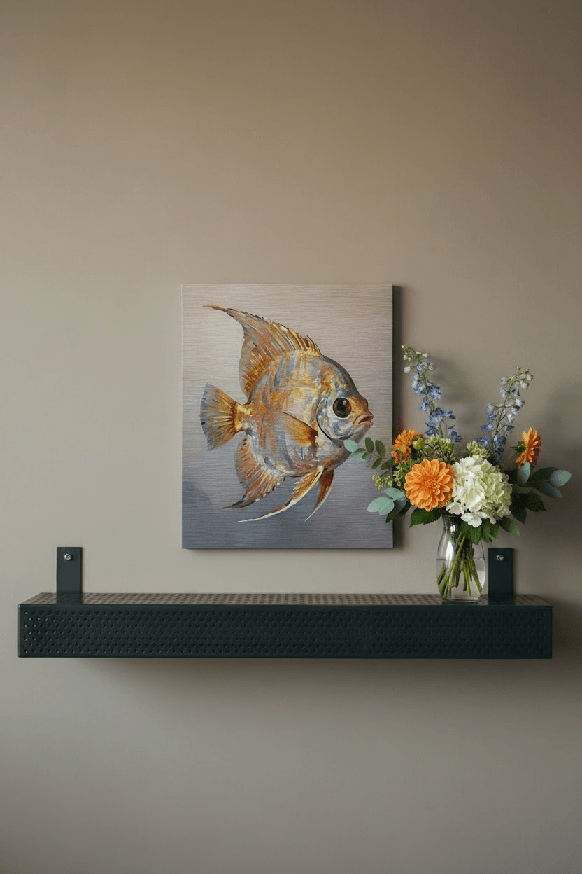 Tropical fish metal print of a pufferfish swimming beside light blue water tones.