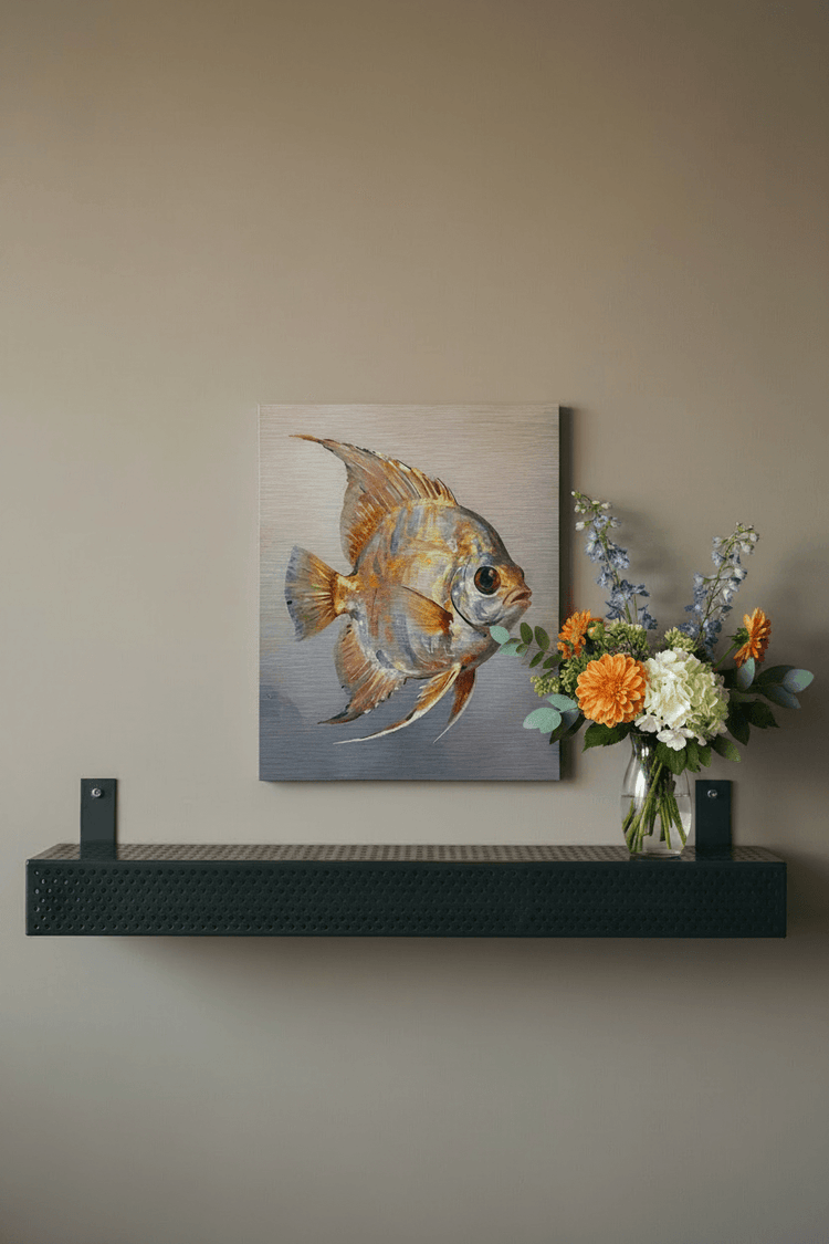 Tropical fish metal print of a pufferfish swimming beside light blue water tones.
