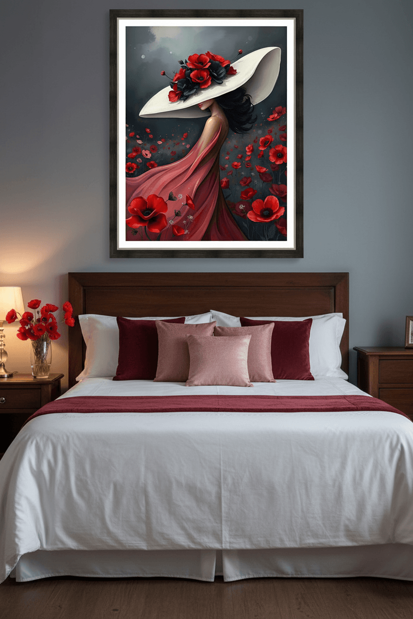 Framed wall artwork of woman in white hat with red poppy flowers and flowing red gown