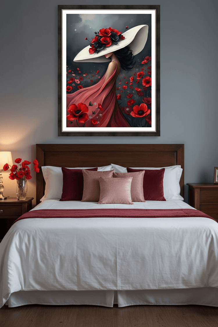 Framed wall artwork of woman in white hat with red poppy flowers and flowing red gown
