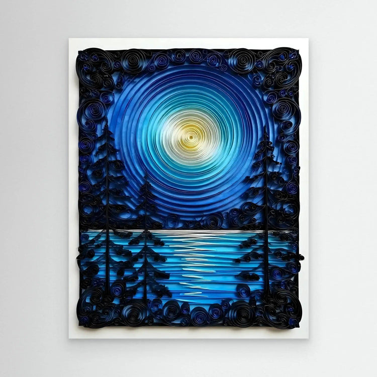 Quilling night sky lake wall art with blue spiral moon, dark pines, and lake reflection