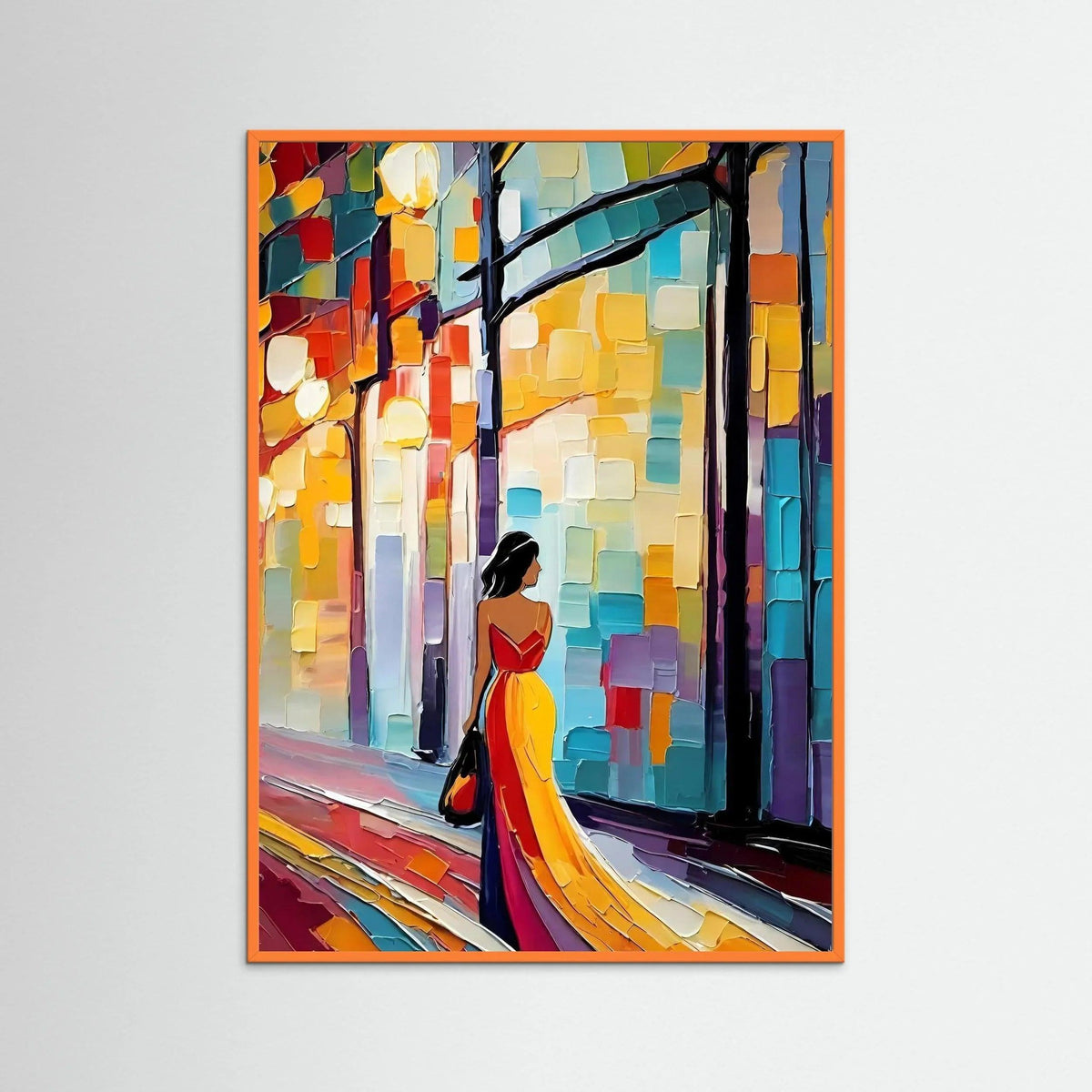 Framed fine art print with colorful city lights, featuring a woman in a red and yellow dress