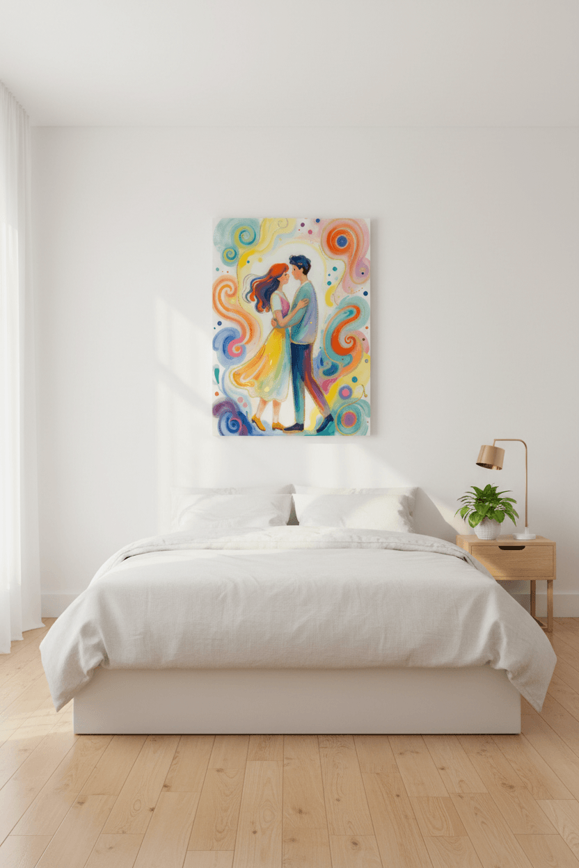 Romantic couple canvas wall art, woman in yellow dress and man in blue, colorful swirls