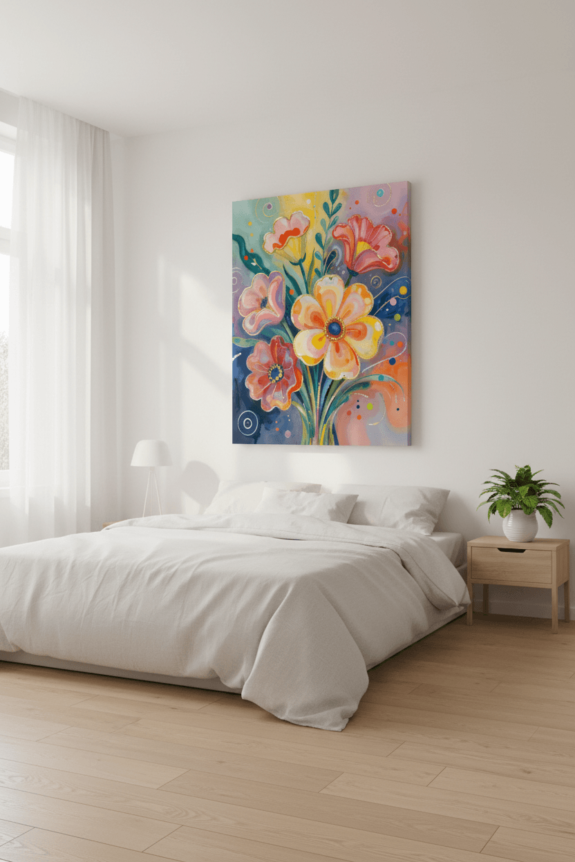 Abstract floral canvas wall art with five large flowers in peach, pink, and yellow tones