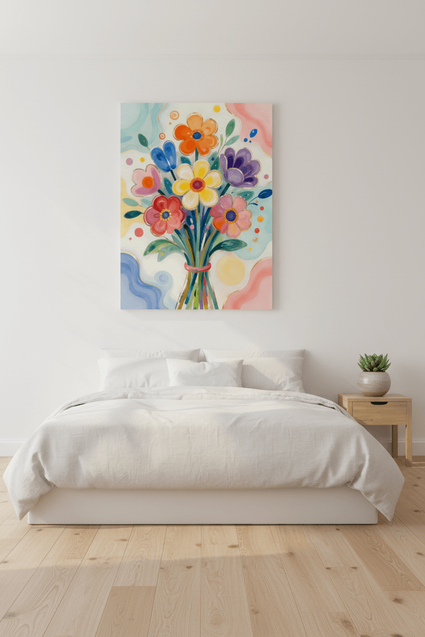 Colorful floral bouquet wall art print with layered blooms in orange, blue, yellow, and pink