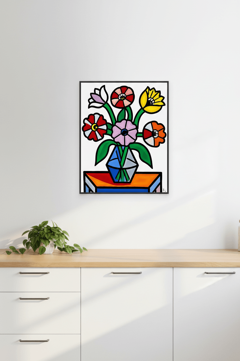 Geometric flower bouquet wall art with colorful flowers and faceted vase on table