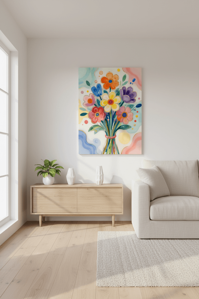 Colorful floral bouquet wall art print with orange, yellow, and purple flowers in a vase
