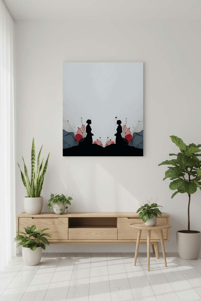 Minimalist canvas wall art with dark silhouettes and red flower details