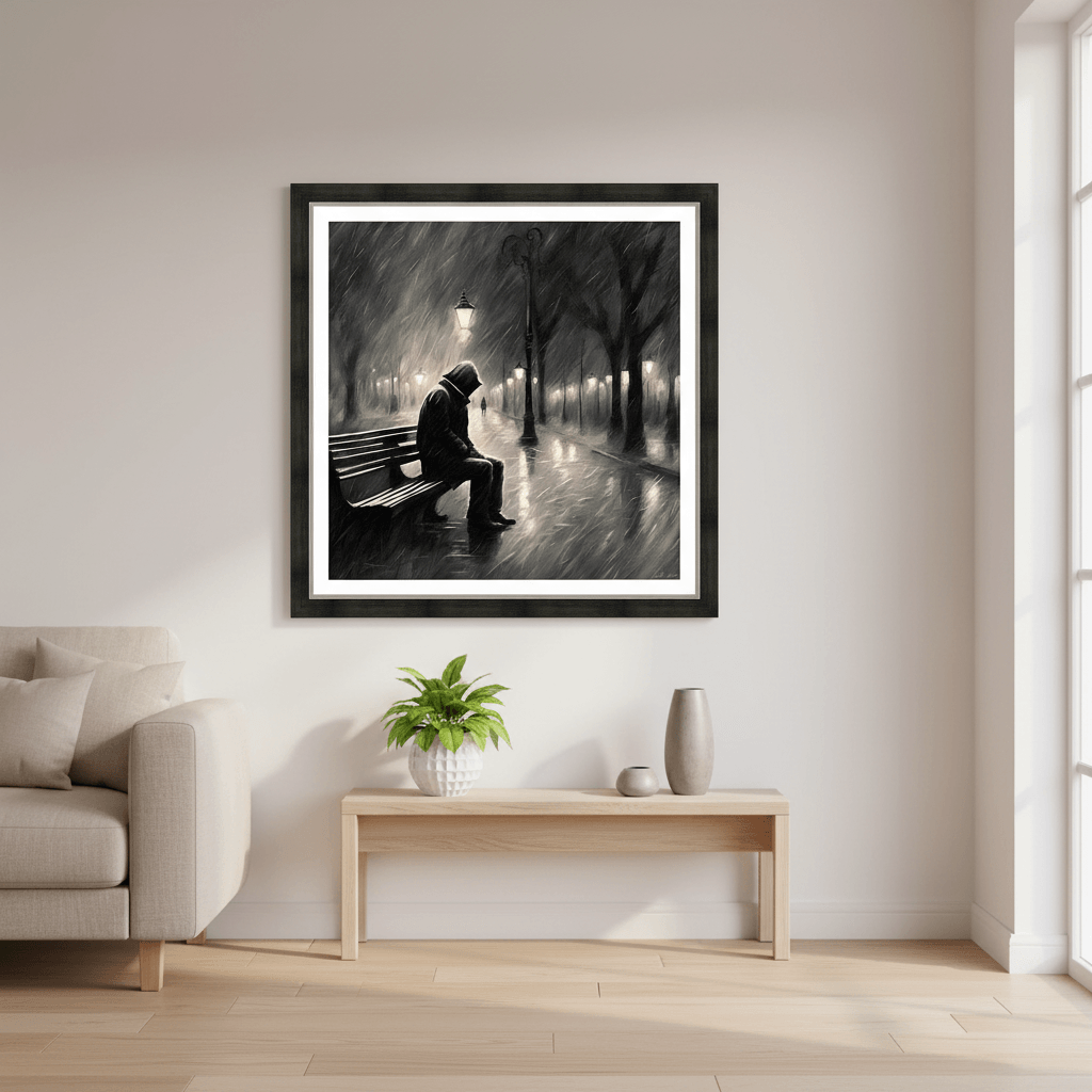 Framed monochrome wall art with a seated figure on a bench beside glowing street lamps