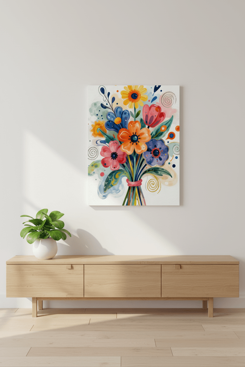 Abstract floral bouquet canvas in white border with colorful blue, orange, pink, and yellow flowers