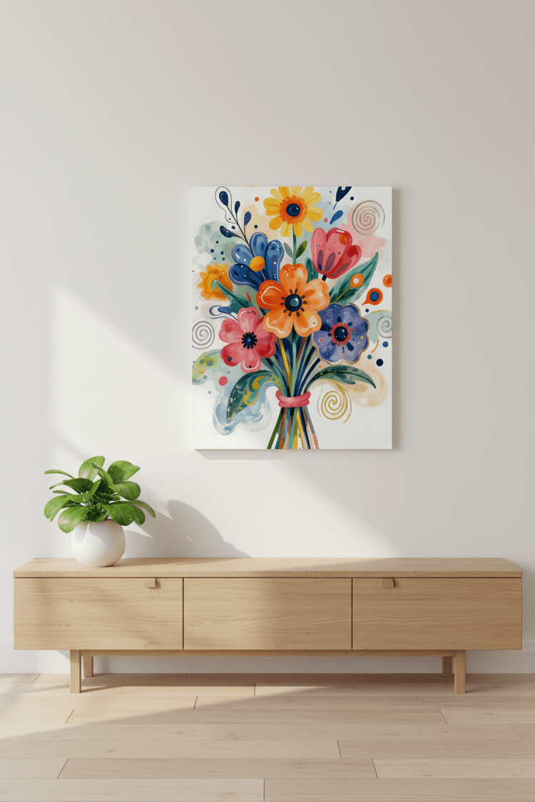Abstract floral bouquet canvas in white border with colorful blue, orange, pink, and yellow flowers