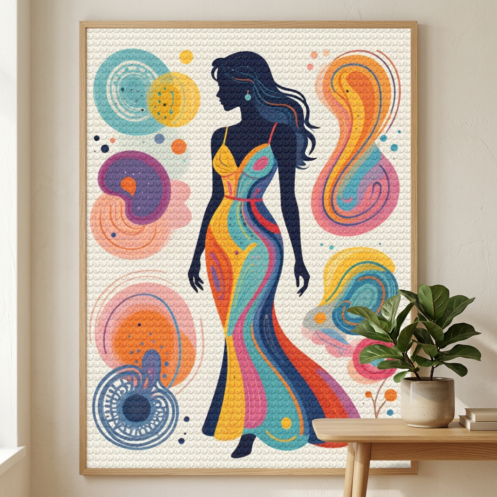 Framed square diamond painting canvas with colorful woman silhouette and abstract swirl circles
