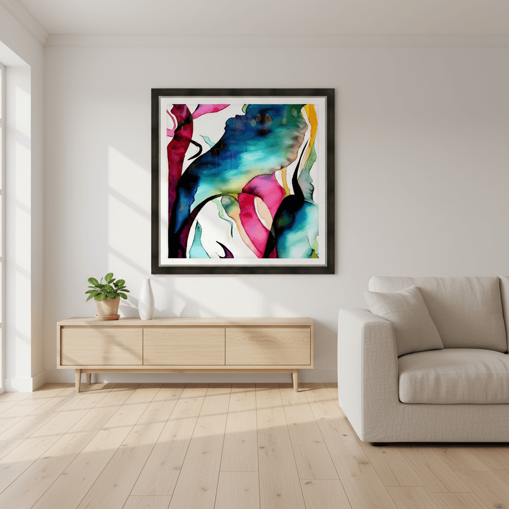 Framed abstract fluid wall art with pink and teal faces and vibrant blue-green color swirls.