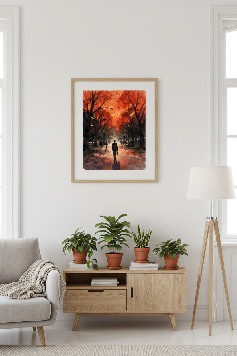 Small oak framed autumn park wall art with orange trees and silhouetted figure on path