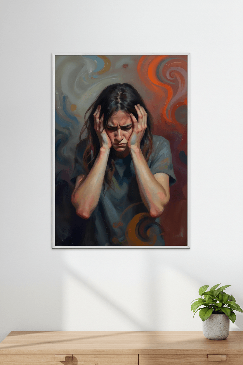 Black-framed art print of a distressed woman holding her head, blue-green top, swirling colors.