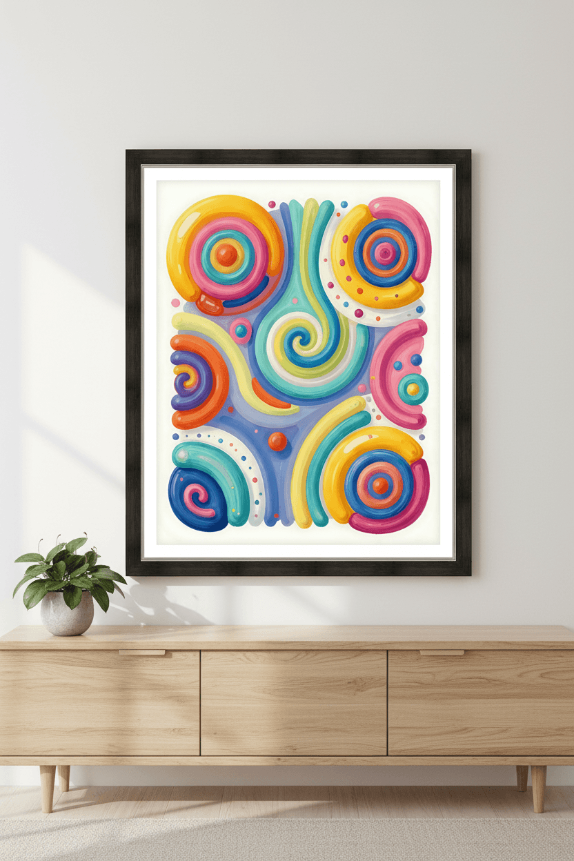 Framed abstract swirl wall art with multicolor circular motifs and dotted accents