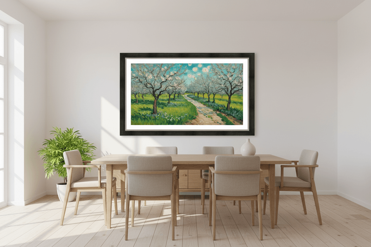 Framed orchard landscape art print with green meadow, blossom trees, and dirt path