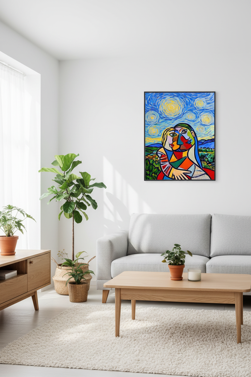 Framed square wall art depicting a colorful stylized face with blue swirl background