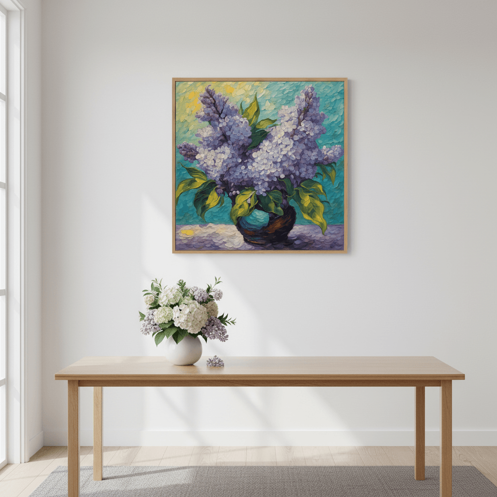 Framed lilac painting with purple blossoms and green leaves, light wood frame
