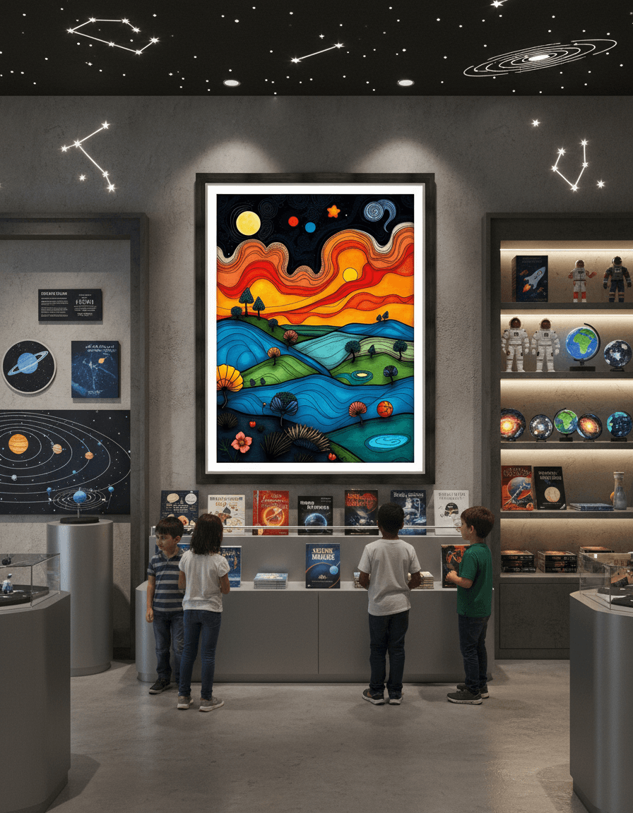 Framed abstract landscape print with starry sky, orange ridges, blue terrain and planets