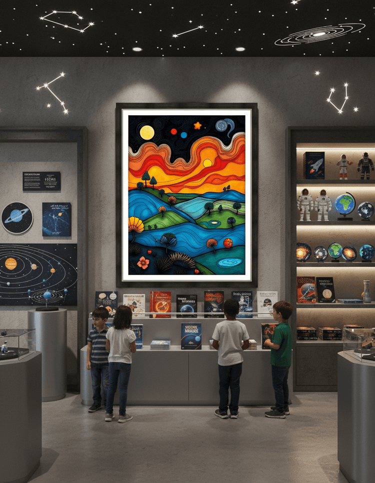 Framed abstract landscape print with starry sky, orange ridges, blue terrain and planets