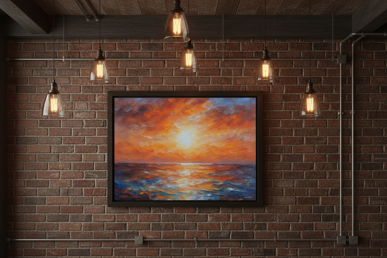 Framed seascape canvas with orange-and-blue sunset clouds and textured ocean waves