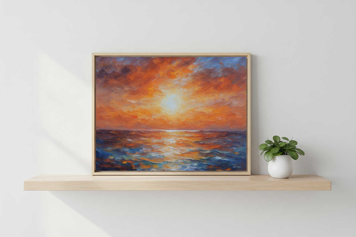 Framed seascape picture with orange clouds, bright horizon glow, and layered ocean waves