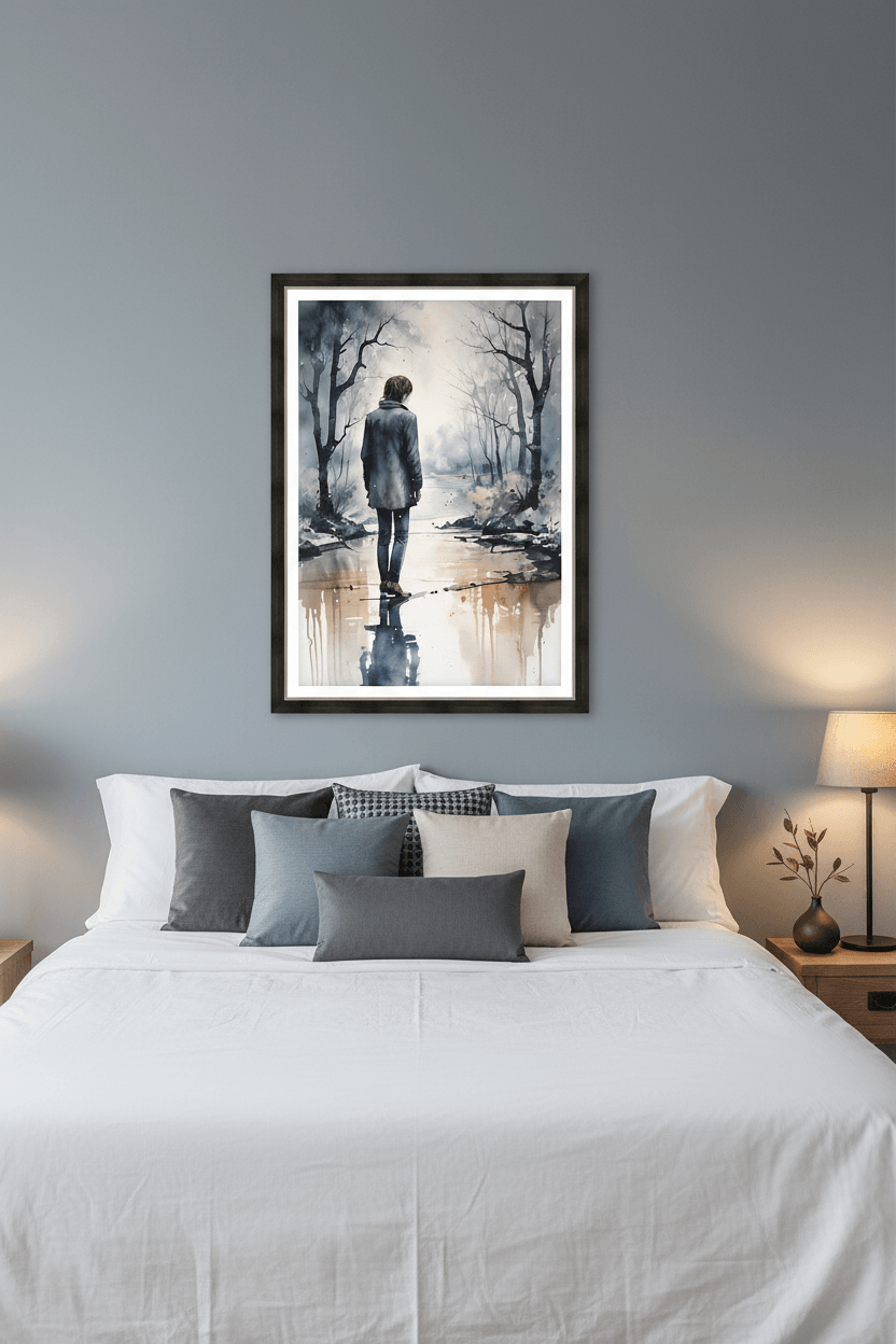 Framed watercolor art print of a lone man walking through a snowy forest with reflections