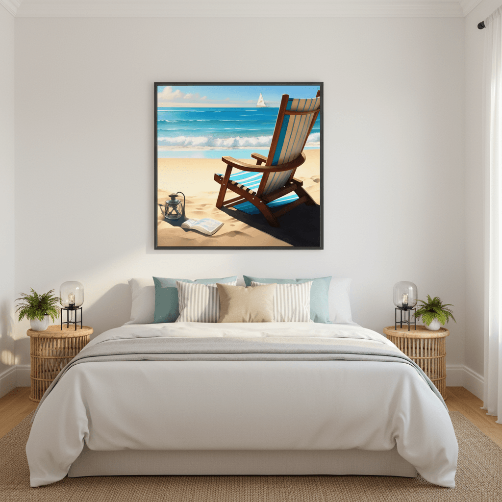 Framed beach art print above bed, striped chair on sand with ocean and sailboat