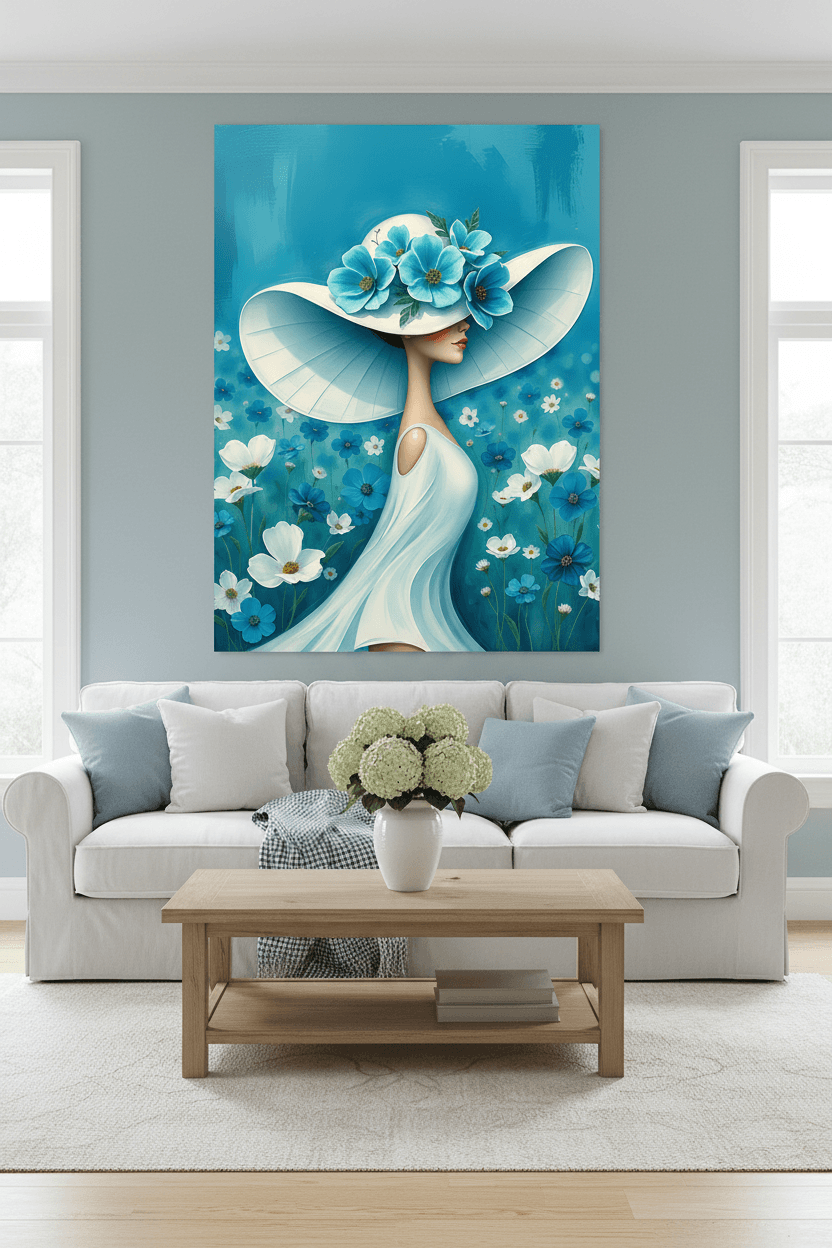 Framed floral portrait artwork of woman in white dress with blue flower hat
