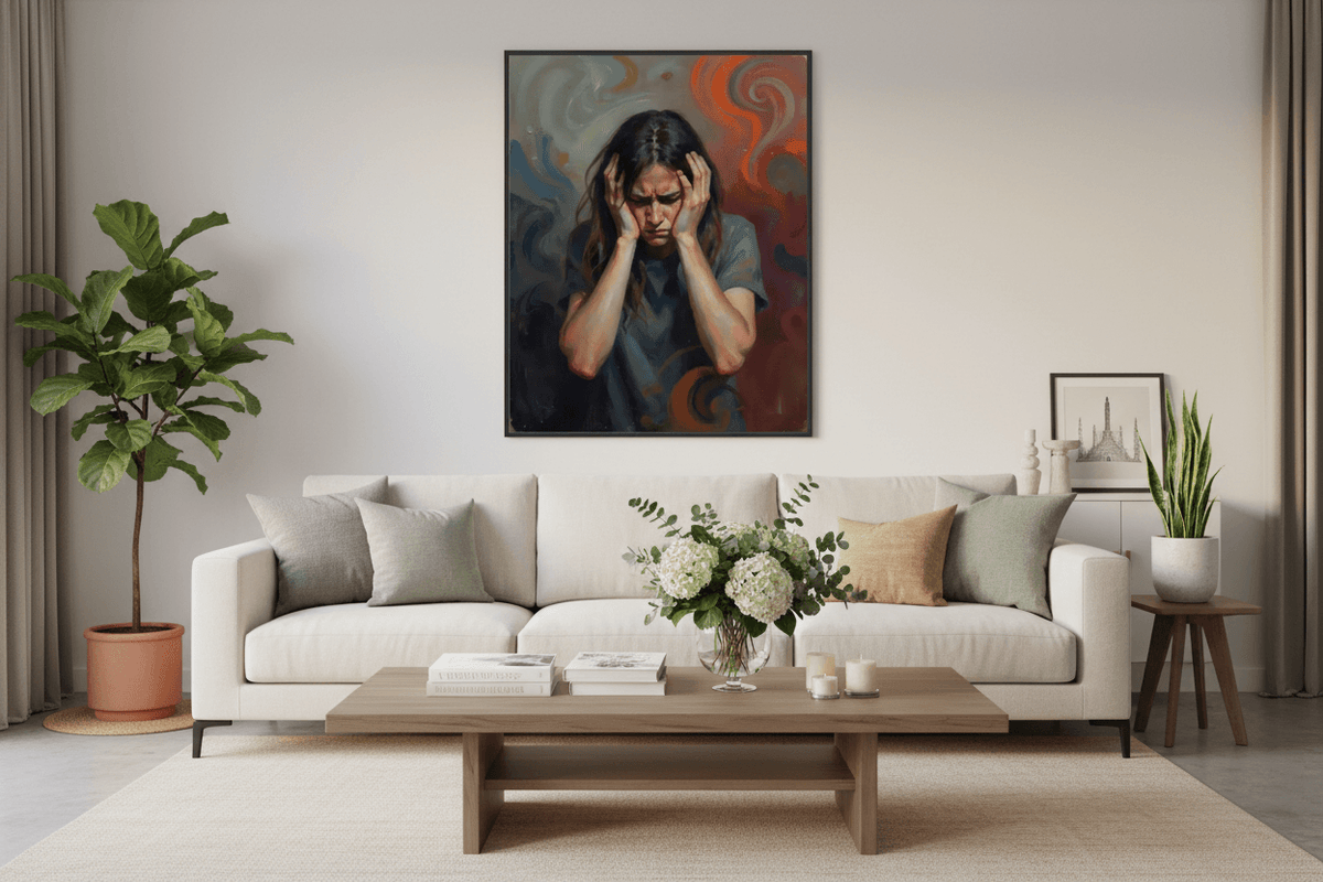 Black-framed wall art portrait painting of a woman holding her head, dark hair and swirls.