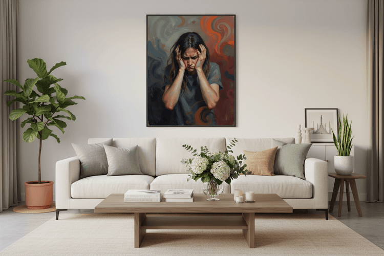 Black-framed wall art portrait painting of a woman holding her head, dark hair and swirls.