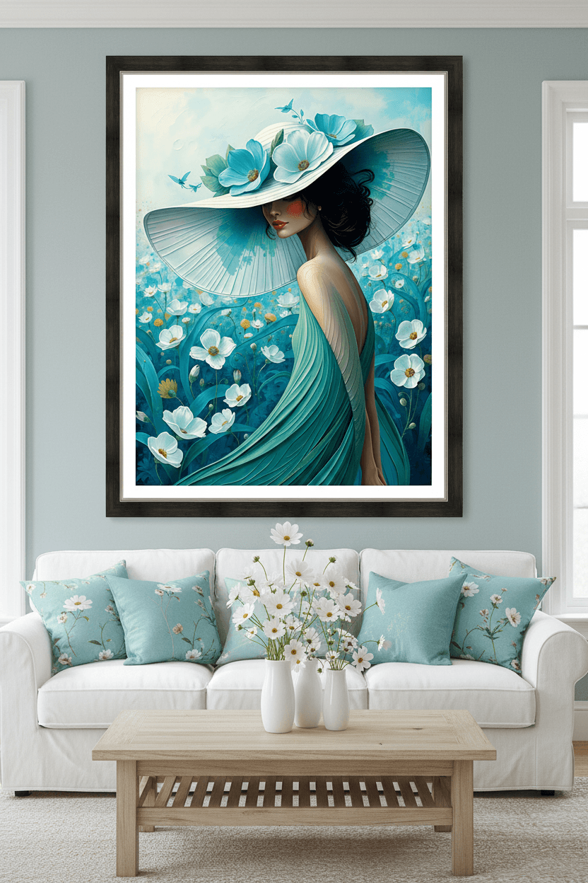 Framed floral portrait artwork with a turquoise gown, wide hat, and white and blue flowers.