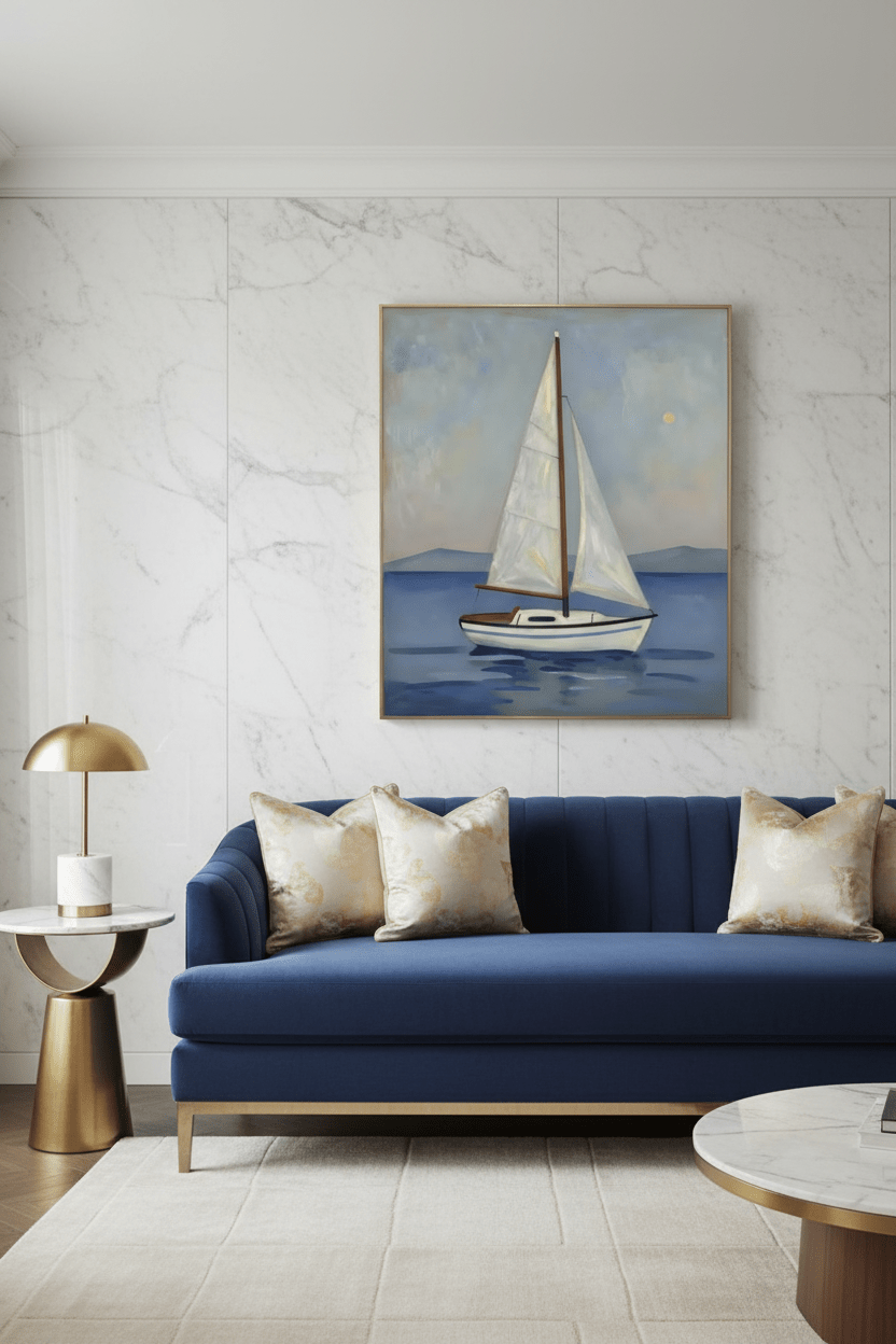 Sailboat wall art print with white sailboat on blue ocean in a light sky