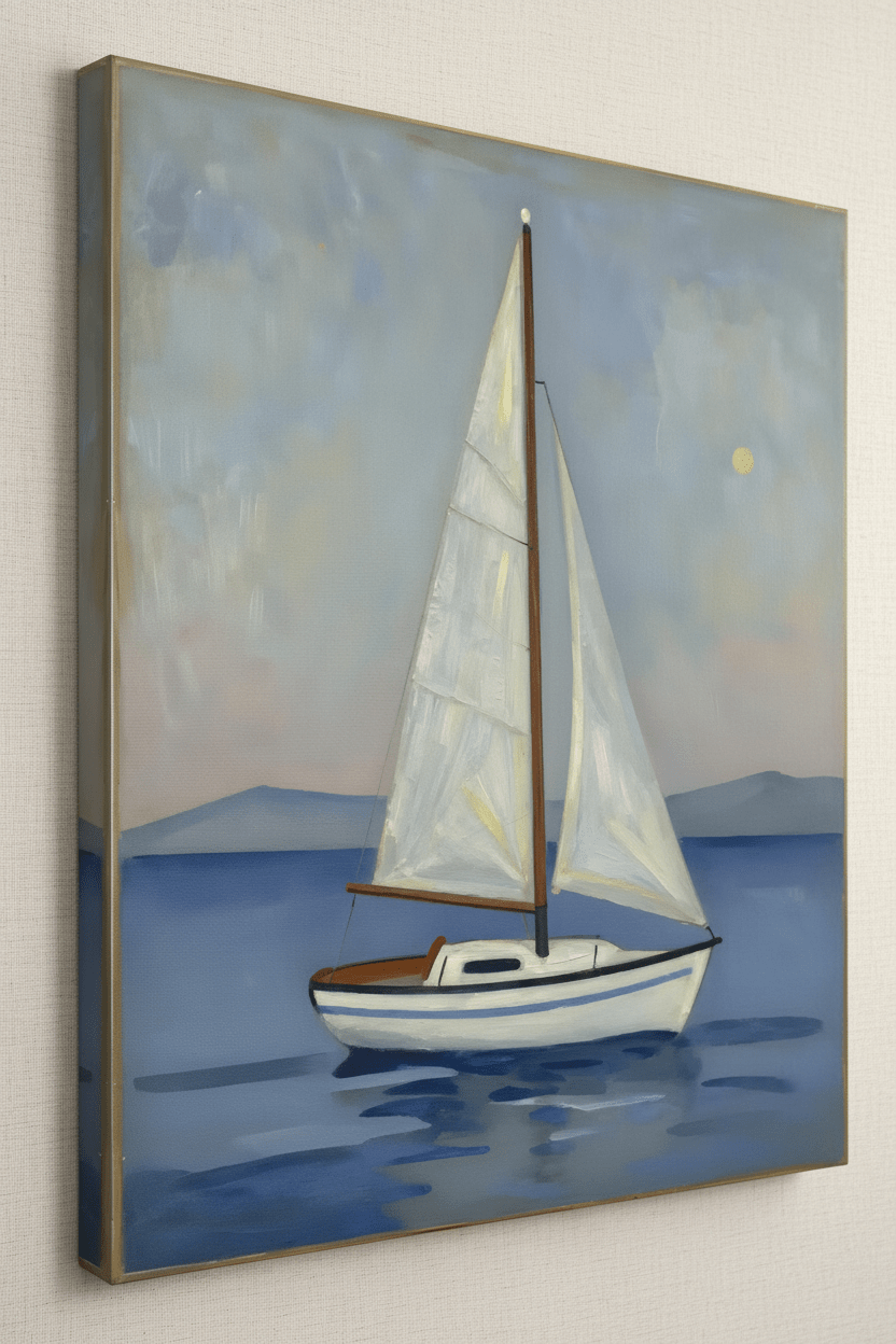 Gold-framed sailboat wall art print with white sails on blue water