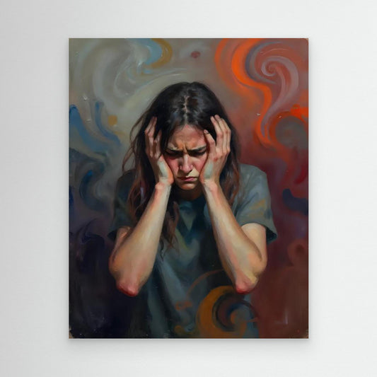 Contemplative Woman Amidst Swirling Colors