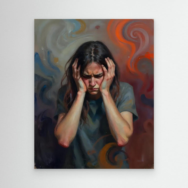 Oak-framed wall art portrait of a woman holding her head, dark hair and swirling colors.